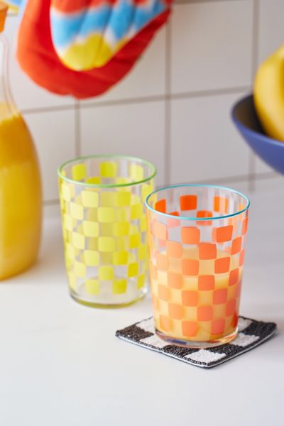 Urban Outfitters Checkered Juice Glass In Yellow At  In Multi