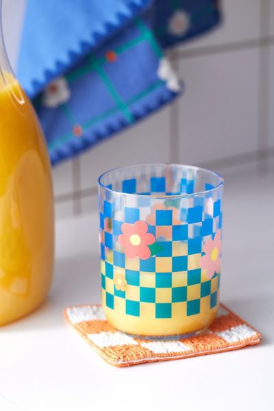 Urban Outfitters Checkered Flower Juice Glass In Blue At  In Multi