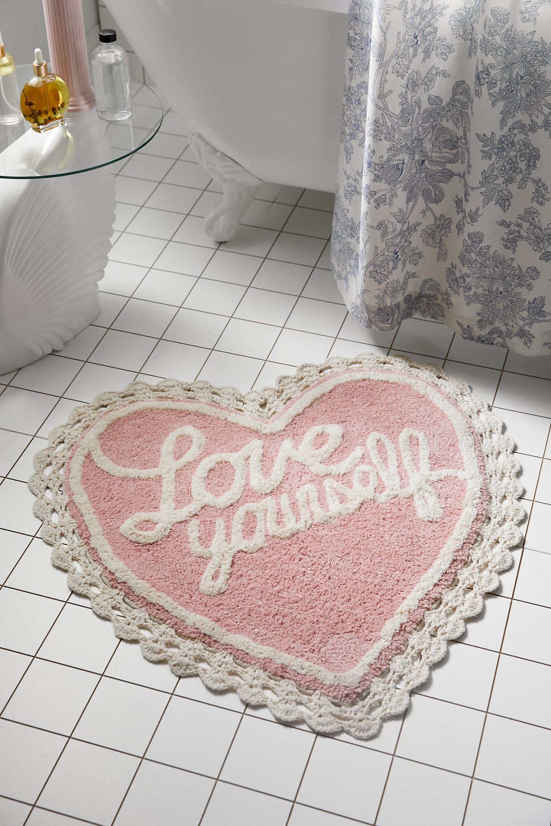 Love Yourself Heart Shape Tufted Bath Mat - Pink, Regular, ONE SIZE