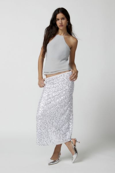 Motel Uo Exclusive Tresha Sequin Midi Skirt In Silver, Women's At Urban Outfitters