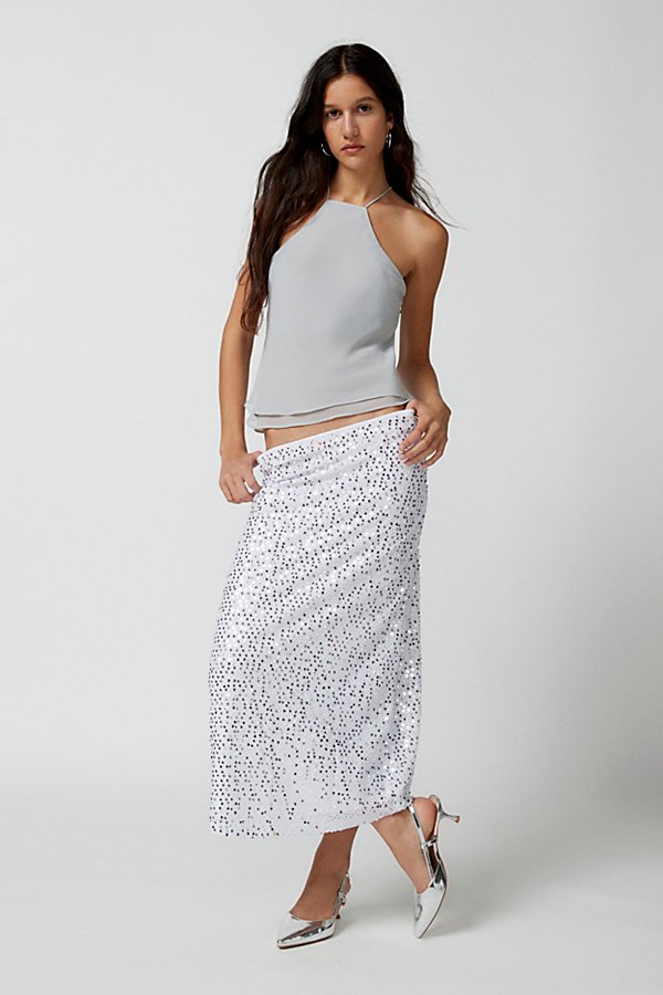 Motel Uo Exclusive Tresha Sequin Midi Skirt In Silver, Women's At Urban Outfitters