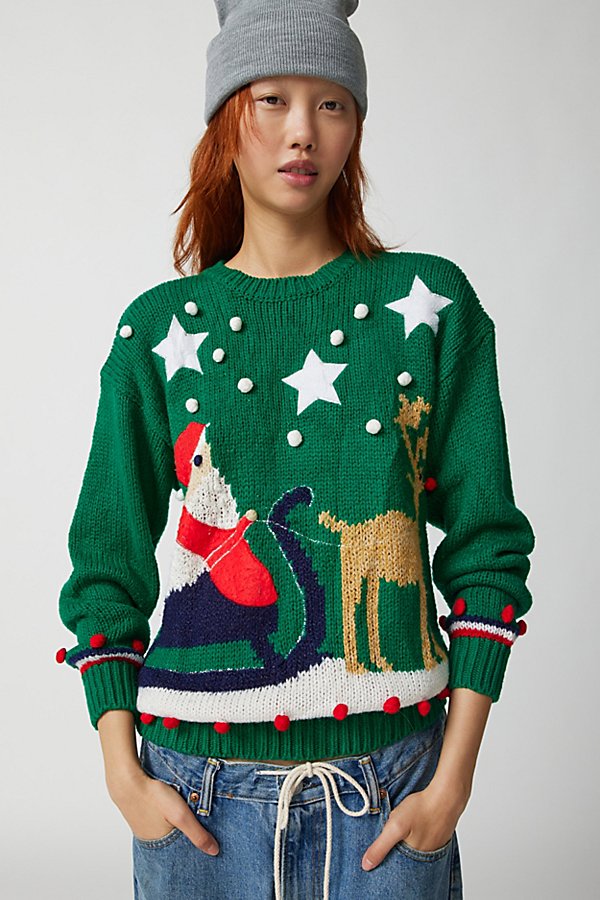 Urban Renewal Vintage Holiday Pullover Crew Neck Sweater In Green, Women's At Urban Outfitters