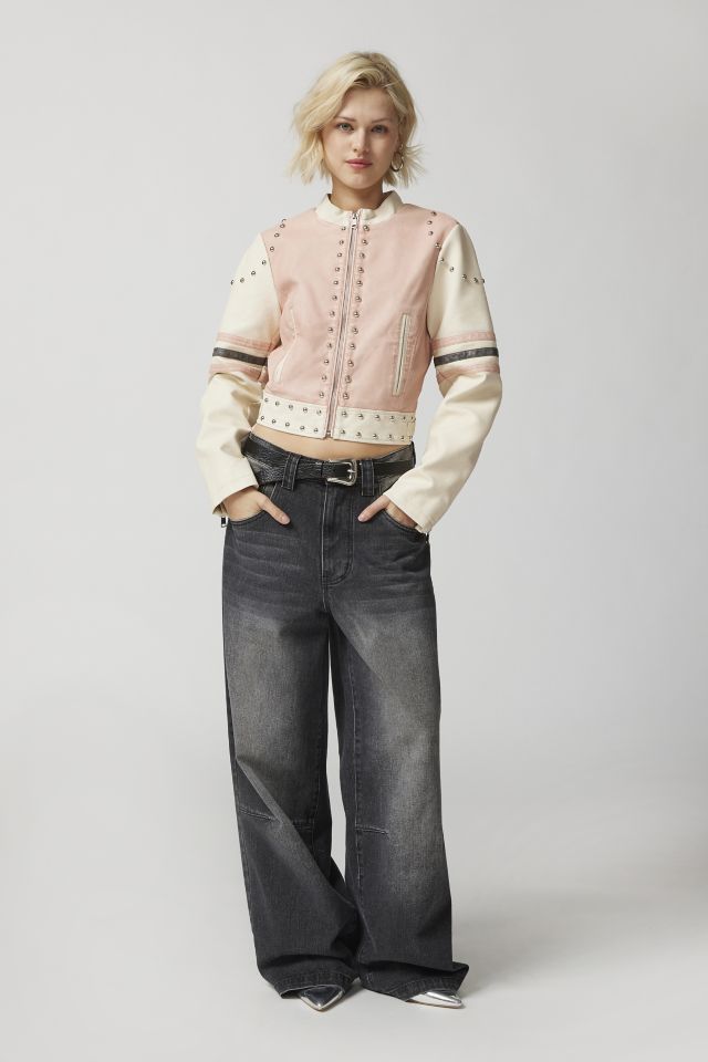 UO Jupiter Faux Leather Studded Varsity Jacket #1