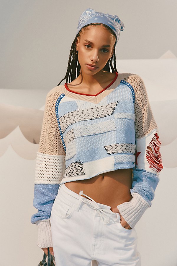 Bdg Johnny Patchwork Pullover Sweater In Blue, Women's At Urban Outfitters