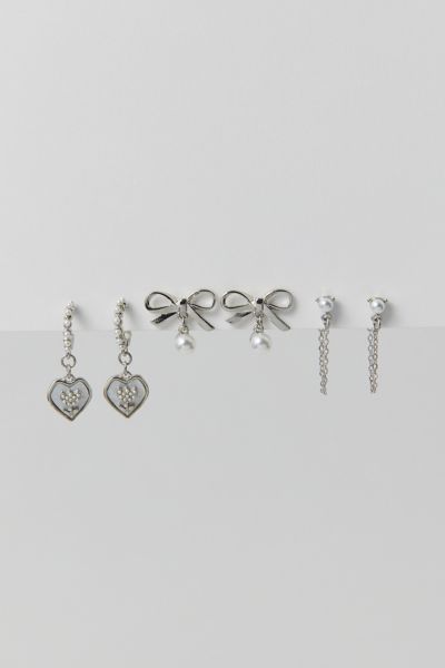 Urban Outfitters Delicate Pearl Heart Post & Hoop Mixed Metal Earring Set In Silver, Women's At