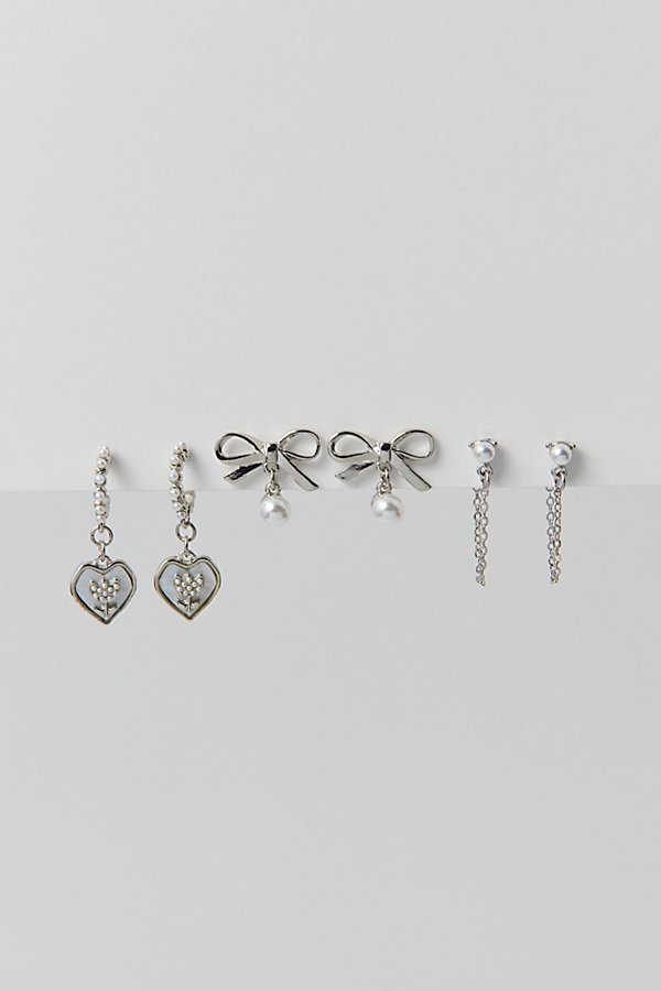 Urban Outfitters Delicate Pearl Heart Post & Hoop Earring Set In Silver, Women's At