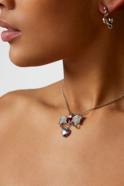 Urban Outfitters Delicate Bow Heart Chain Necklace In Silver, Women's At