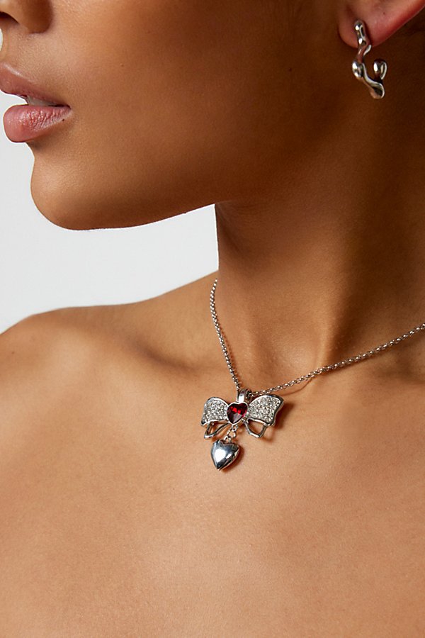 Urban Outfitters Delicate Bow Heart Chain Necklace In Silver, Women's At
