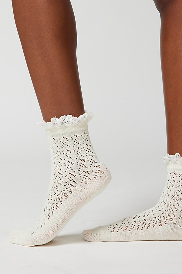 Urban Outfitters Ruffle-trimmed Pointelle Crew Sock In Ivory, Women's At