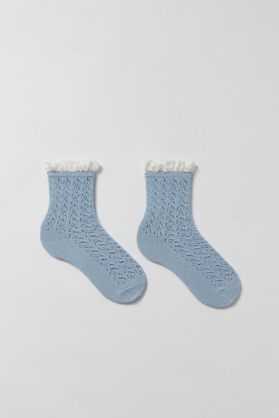 Urban Outfitters Ruffle-trimmed Pointelle Crew Sock In Blue, Women's At