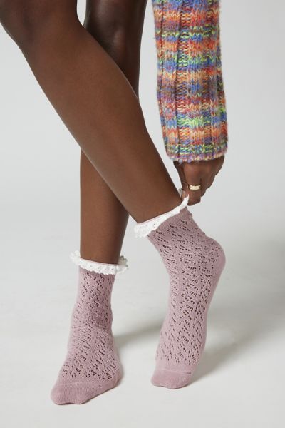 Urban Outfitters Ruffle-trimmed Pointelle Crew Sock In Mauve, Women's At