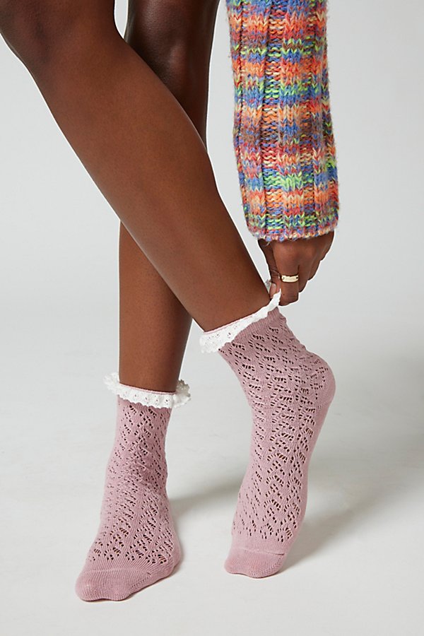 Urban Outfitters Ruffle-trimmed Pointelle Crew Sock In Mauve, Women's At