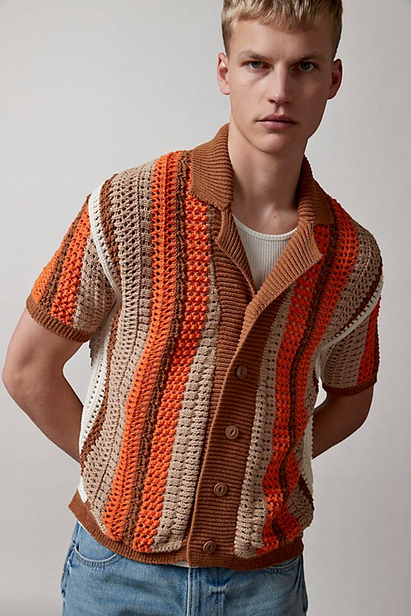 Bdg Striped Button-down Polo Sweater In Orange, Men's At Urban Outfitters