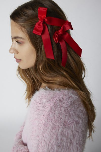 Urban Outfitters Mini Grosgrain Ribbon Hair Bow Clip Set In Red At