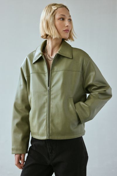 BDG SASHA FAUX LEATHER CAR JACKET IN OLIVE, WOMEN'S AT URBAN OUTFITTERS 
