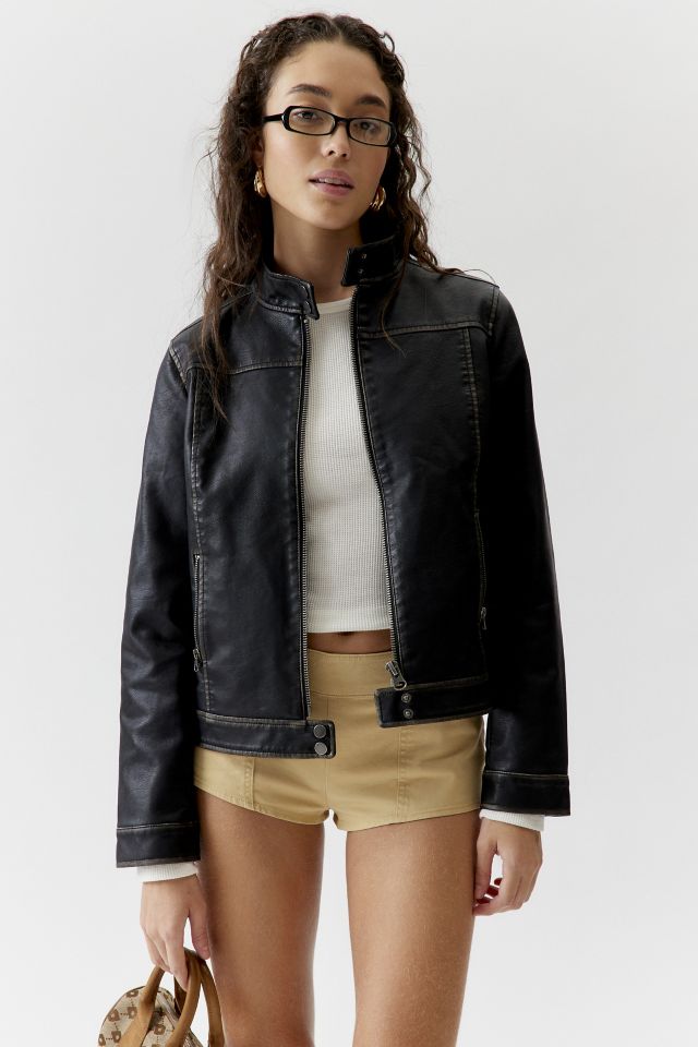 UO Evan Faux Leather Hooded Moto Jacket #3