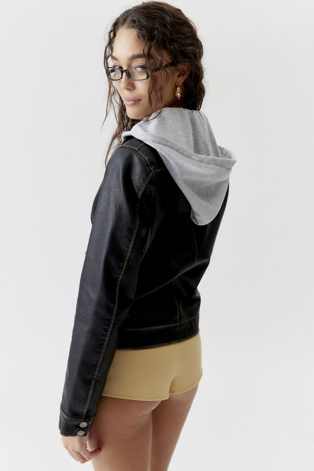 UO Evan Faux Leather Hooded Moto Jacket #4