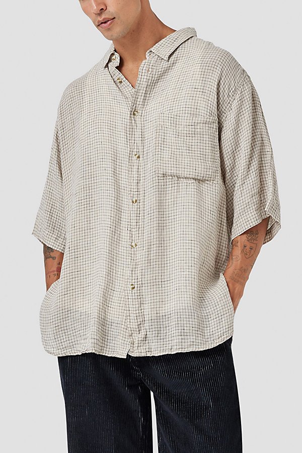 Shop Barney Cools Linen Plaid Short Sleeve Shirt Top In Bone Micro Plaid, Men's At Urban Outfitters