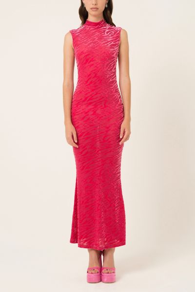 Amy Lynn High Neck Sleeveless Maxi Dress In Hot Pink Animal Burnout In Red