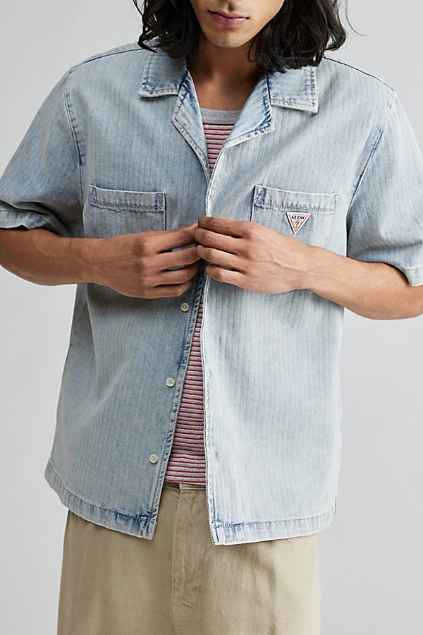 Shop Guess Originals Herringbone Denim Short Sleeve Button-down Shirt Top In Light Blue, Men's At Urban Outfitters