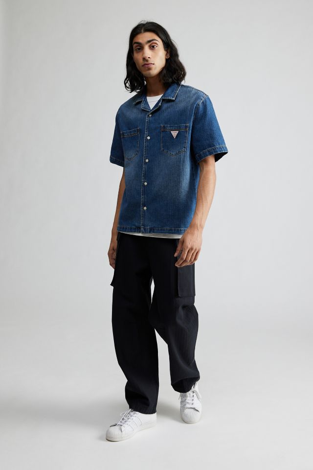 GUESS ORIGINALS Herringbone Denim Short Sleeve Button-Down Shirt #3