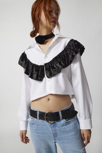 Urban Renewal Remade Cropped Velvet Ruffle Button-down Shirt In White, Women's At Urban Outfitters