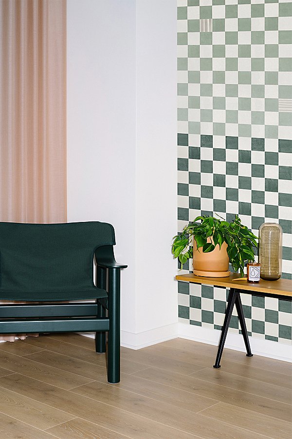 Backdrop Gambit Checkered Wallpaper In Sage/deep Green At Urban Outfitters