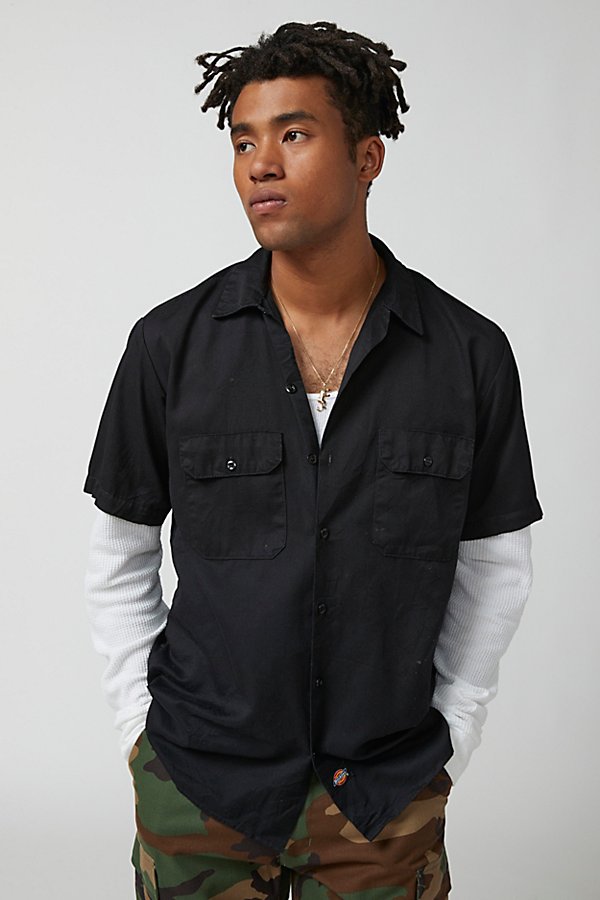 Urban Renewal Remade Dickies Thermal Sleeve Button-down Shirt In Black, Men's At Urban Outfitters