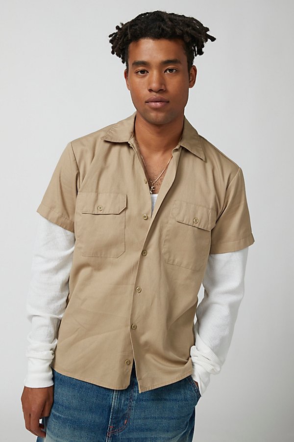 Urban Renewal Remade Dickies Thermal Sleeve Button-down Shirt In Khaki, Men's At Urban Outfitters