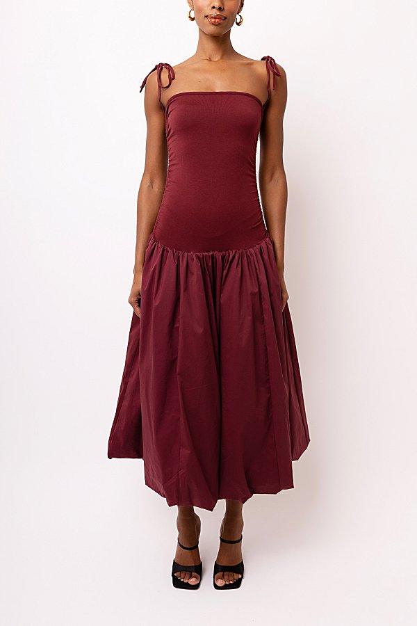 Amy Lynn Puffball Midi Dress In Burgundy, Women's At Urban Outfitters