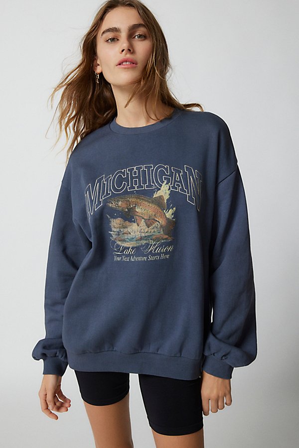 Urban Outfitters Michigan Lake Huron Embroidered Pullover Sweatshirt In Navy, Women's At