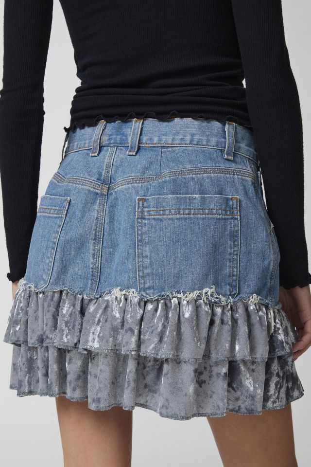 Urban Renewal Parties Remade Velvet Trim Denim Mini Skirt