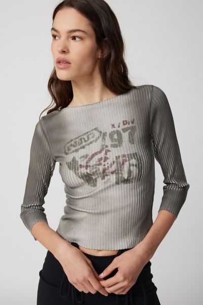 Urban Outfitters 197 Ribbed Long Sleeve Graphic Tee In Grey, Women's At