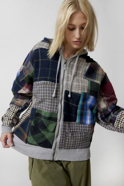 Shop Urban Renewal Re/creative Remade Heavy Flannel Patchwork Zip Hoodie Sweatshirt In Grey, Women's At Urban Outfitter