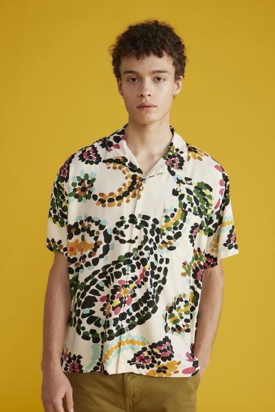 OBEY PAISLEY DOTS WOVEN BUTTON-DOWN SHIRT TOP IN NEUTRAL, MEN'S AT URBAN OUTFITTERS
