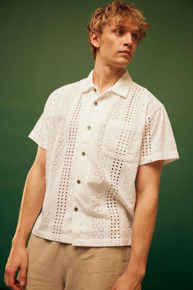 Embroidered Eyelet Short Sleeve Camp Collar Shirt in Cream