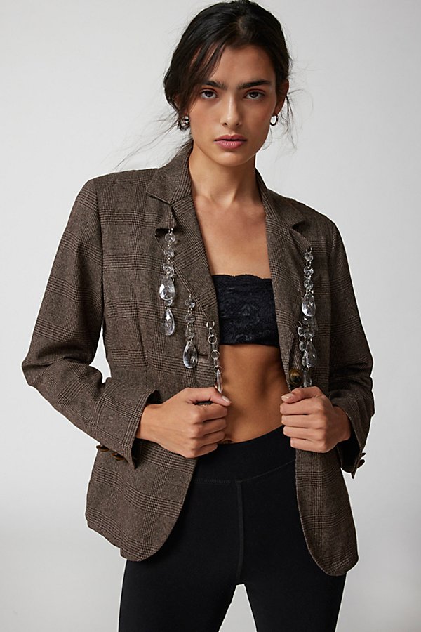 Urban Renewal Parties Remade Crystal Drop Plaid Blazer Jacket In Brown, Women's At Urban Outfitters