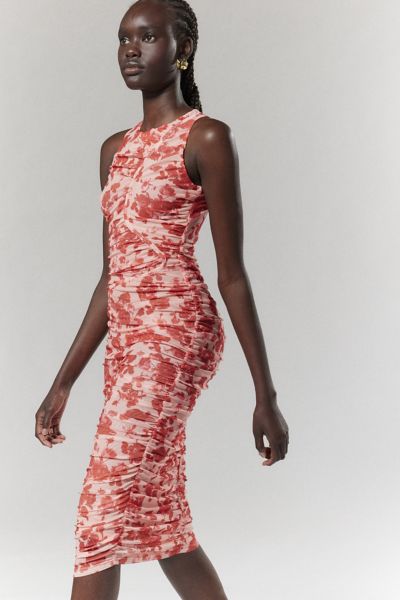 Bardot Felicia Floral Ruched Mesh Midi Dress In Red