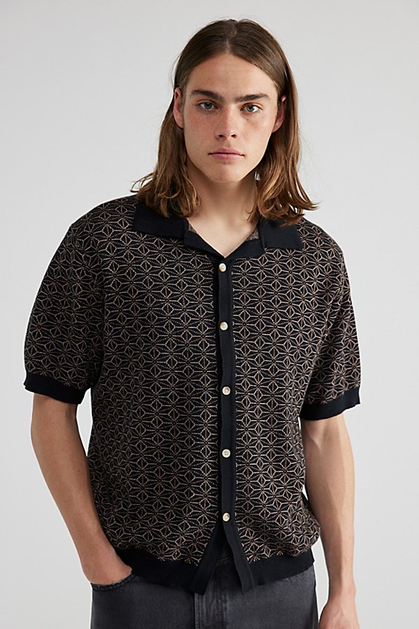 Rolla's Bowler Pattern Knit Short Sleeve Shirt Top In Brown, Men's At Urban Outfitters