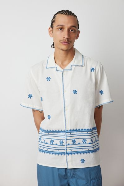Shop Wax London Didcot Daisy Embroidered Shirt Top In Ecru/blue, Men's At Urban Outfitters