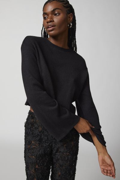 Urban Renewal Remnants Waffle Knit Drippy Sleeve Top In Black, Women's At Urban Outfitters
