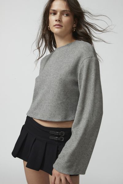 Urban Renewal Remnants Waffle Knit Drippy Sleeve Top In Grey, Women's At Urban Outfitters