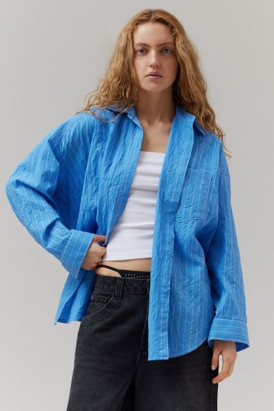 Bdg Ryanne Crinkled Button-down Shirt In Blue, Women's At Urban Outfitters