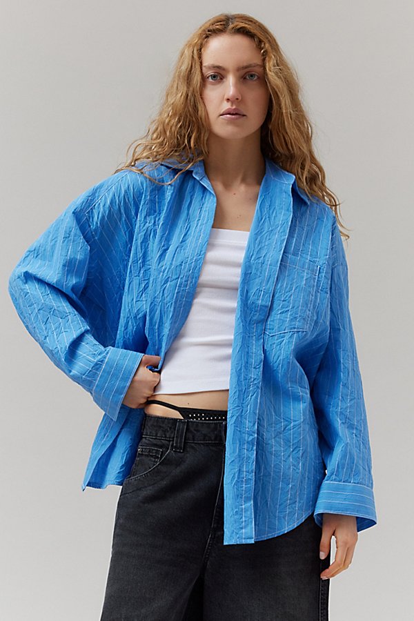 Bdg Ryanne Crinkled Oversized Button-down Shirt In Blue, Women's At Urban Outfitters