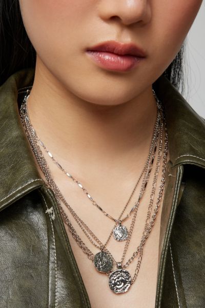 Urban Outfitters Hammered Icon Coin Layered Necklace In Silver, Women's At