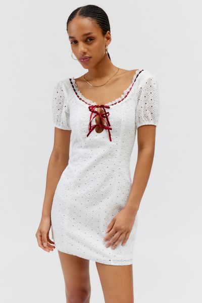 Shop Daisy Street Ribbon Detail Eyelet Mini Dress In Cream, Women's At Urban Outfitters
