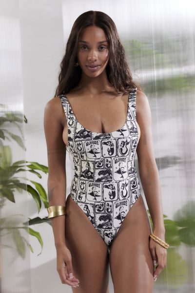 Shop Out From Under Jean Scoop Neck One-piece Swimsuit In Black/white, Women's At Urban Outfitters