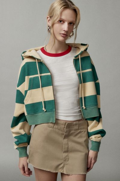 Bdg Leah Stripe Zip-up Hoodie Sweatshirt In Green, Women's At Urban Outfitters