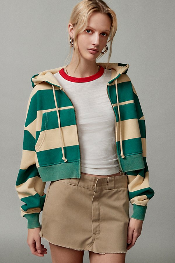 Bdg Leah Stripe Zip-up Hoodie Sweatshirt In Green, Women's At Urban Outfitters