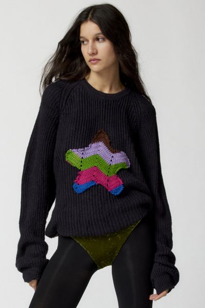 Urban Renewal Remade Crochet Star Patch Crew Neck Sweater In Black, Women's At Urban Outfitters